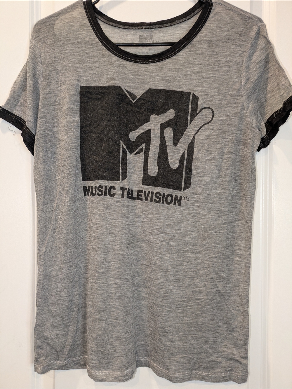 MTV Music Television Graphic Ringer Tee Gray Short Sleeve Retro Women's M